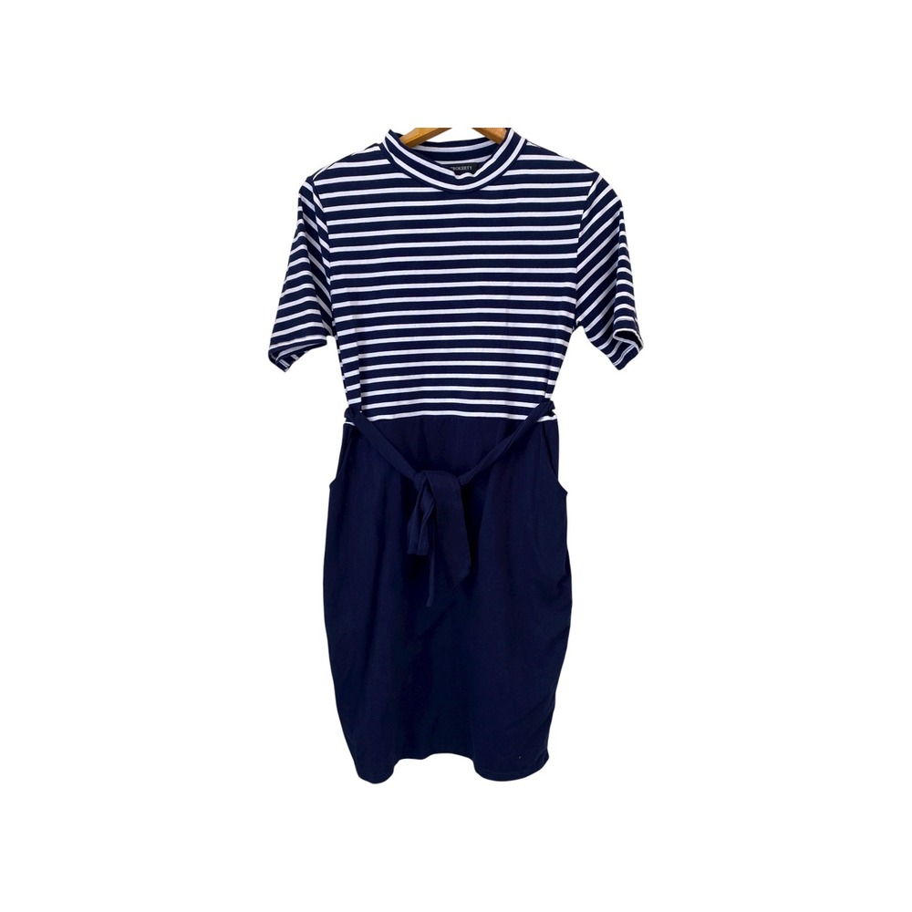 Merokeety Striped Mock Neck Navy Blue‎ Tie Waist Sheath Dress